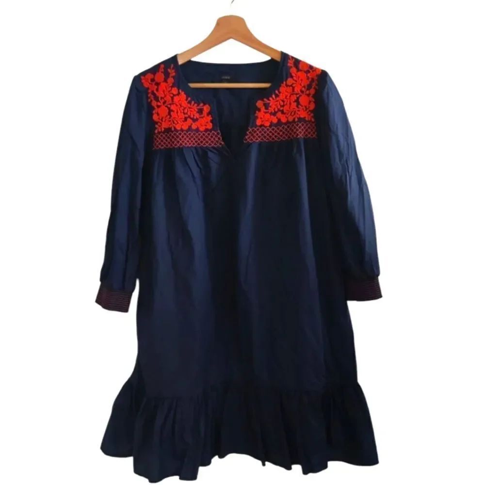 J. Crew Dark Blue Dress with Bright Red Embroidery Size S